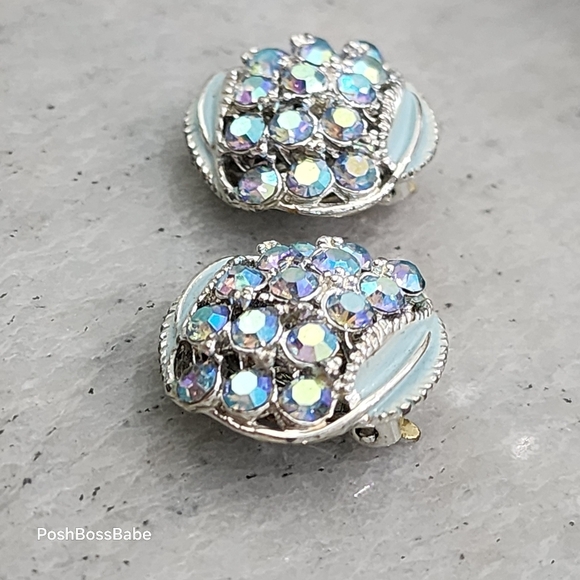 Vintage Aurora Borealis Rhinestone Clip-On Earrings | Silver Tone & Enamel - Picture 6 of 9